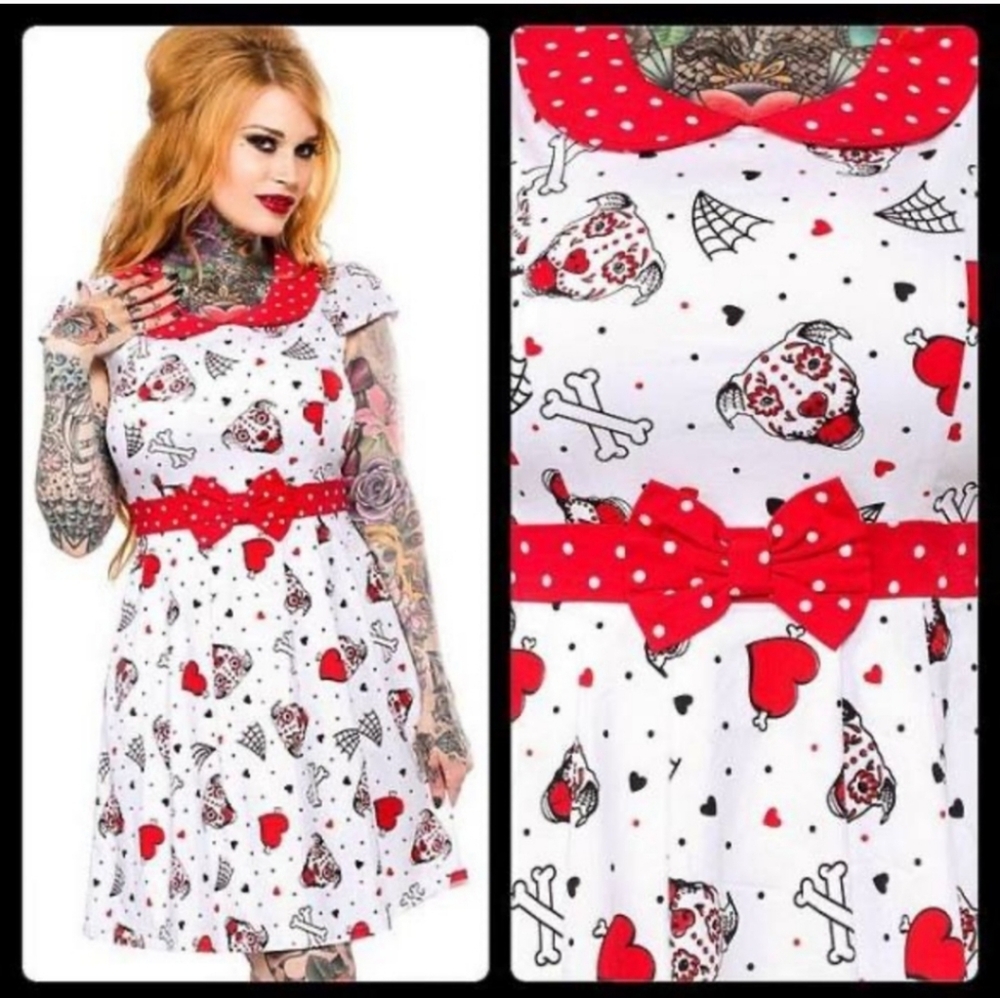 White & Red Heart Skeleton Print Fit-and-Flare Dress